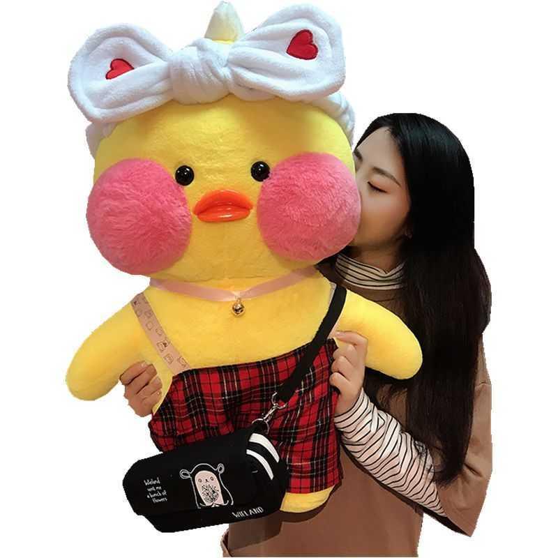 80cm Kawaii Lalafanfan Cafe Duck Plush Toy With Bells Clothes Detachable Plush Doll Children s Toy Valentine s Day Birthday Gift H1025