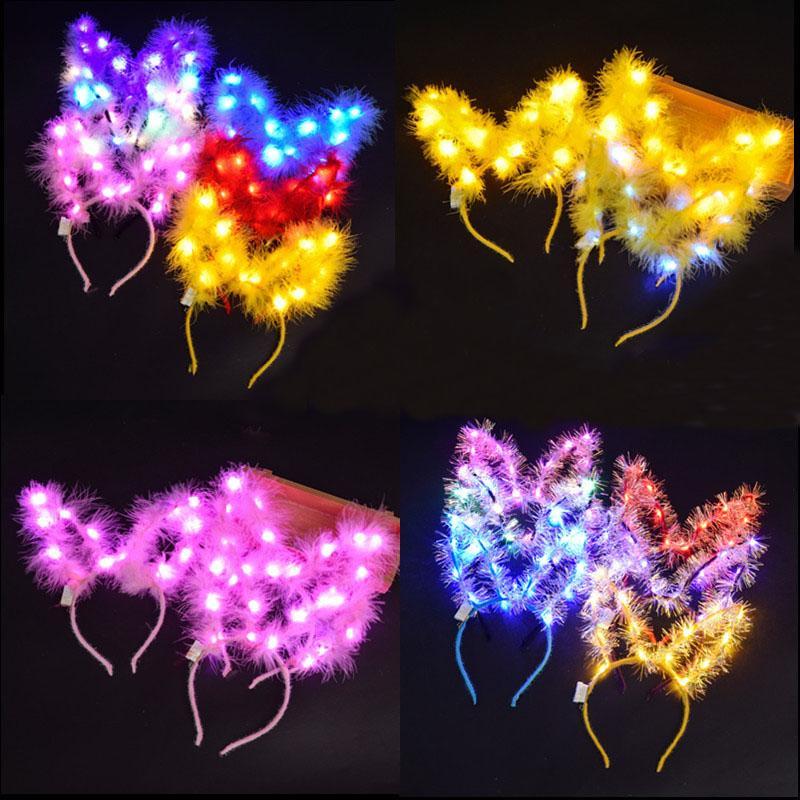 Christmas Toy Women Gifts LED Feather Rabbit Ears Hair Hoop Lights Bunny Ear Headband Headwear Glowing Toys For Party Halloween Xmas