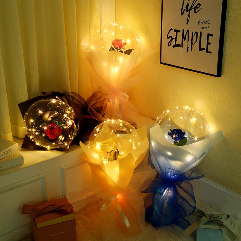 LED Luminous Balloon Rose Bouquet Transparent Bubble Rose Flashing Light Bobo Ball Valentines Day Gift Birthday Party Wedding Decor E121802