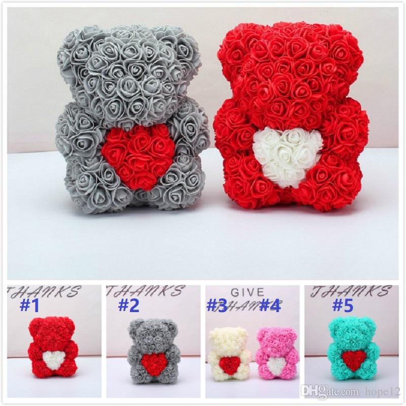 Hot Sale 25cm Bear of Roses with heart Artificial Flowers Home Wedding Festival DIY Cheap Wedding Decoration Crafts Best Gift for Christma