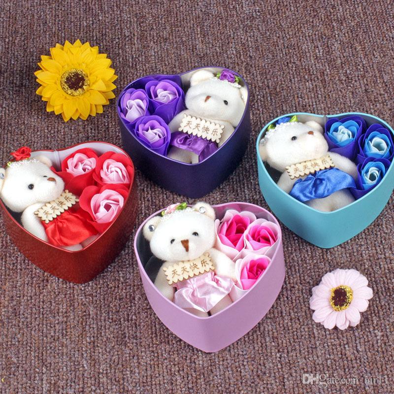 3pcs/set Scented Soap Rose Flowers With 1 Cute Bear Perfumed Iron Box Valentiners Wedding Party Decoration Gifts Bath Body Soaps