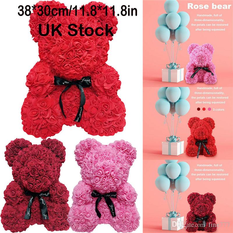 40cm 25cm Valentine Rose Bear Heart Flower Gift For Girlfriend Birthday Wedding Artificial Party Home Decor Wine Red Pink