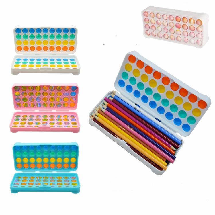 Decompression Toy Dimple Pencil Case Stationery Storage Box Push Popper Sensory Squeeze Bubble Stress Reliever Rainbow Pendant Bag Kids Gift Finger to