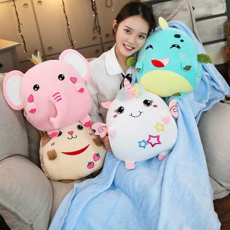 Soft Stuffed Unicorn 3 in 1 Pillow with Blanket Kawaii Plush Animals Elephant Cat Dinosaur Hand Warmer Cushion Toys for Children H0910 H1025