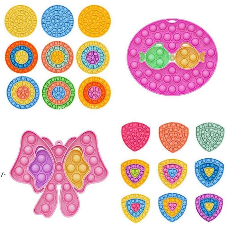 Decompression Keychain Push Bubble Toys Anti Stress Bubbles Board Round Square Bow Shape Tie-dyed Rainbow Party Gifts Fidget Toy