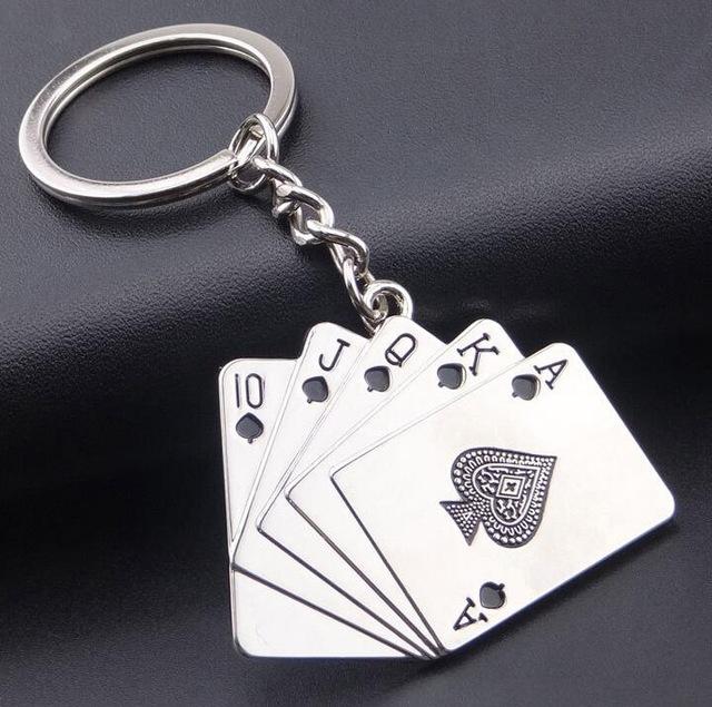 Keychains For Men Car Bag KeyRing Stainless Steel Jewelry Straight flush Texas Hold em Poker Playing Cards Gift Fashion